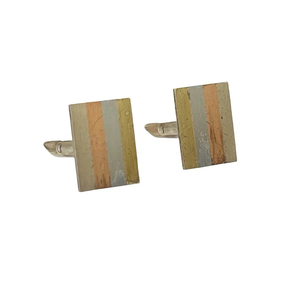 VINTAGE ALPACA MADE IN MEXICO 4 METAL COLOR STRIPE RECTANGLE CUFFLINKS